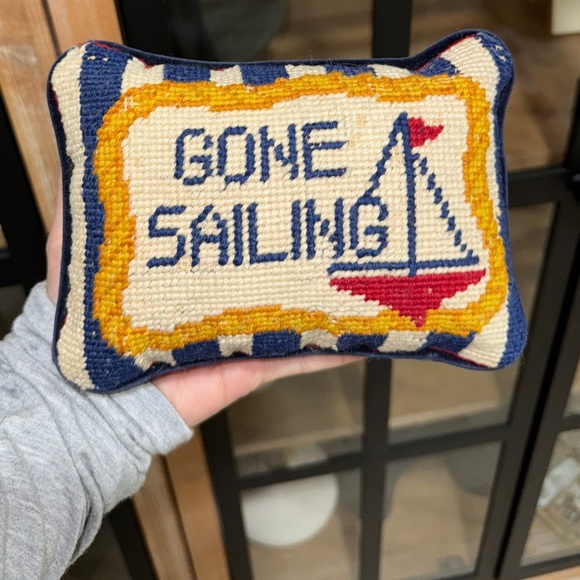 Vintage Needlepoint pillow Gone Sailing nautical two’s company mini navy boat - Picture 7 of 7